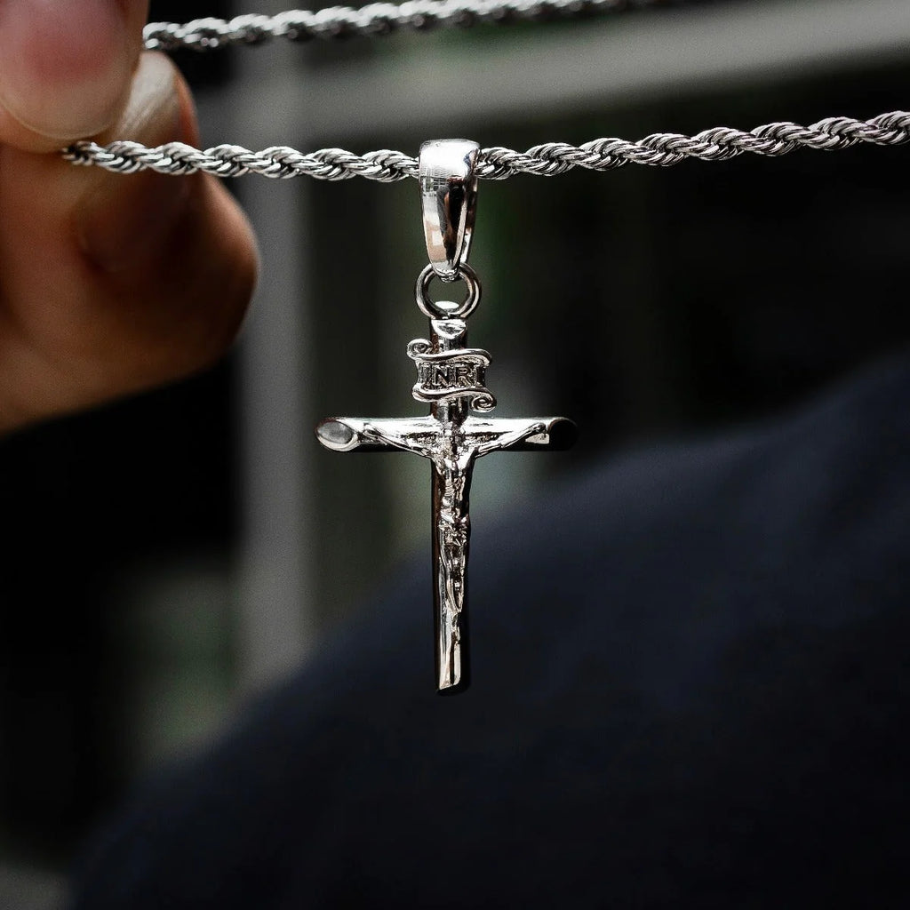 Crucifix Pendant + 2MM Rope Chain Bundle in White Gold