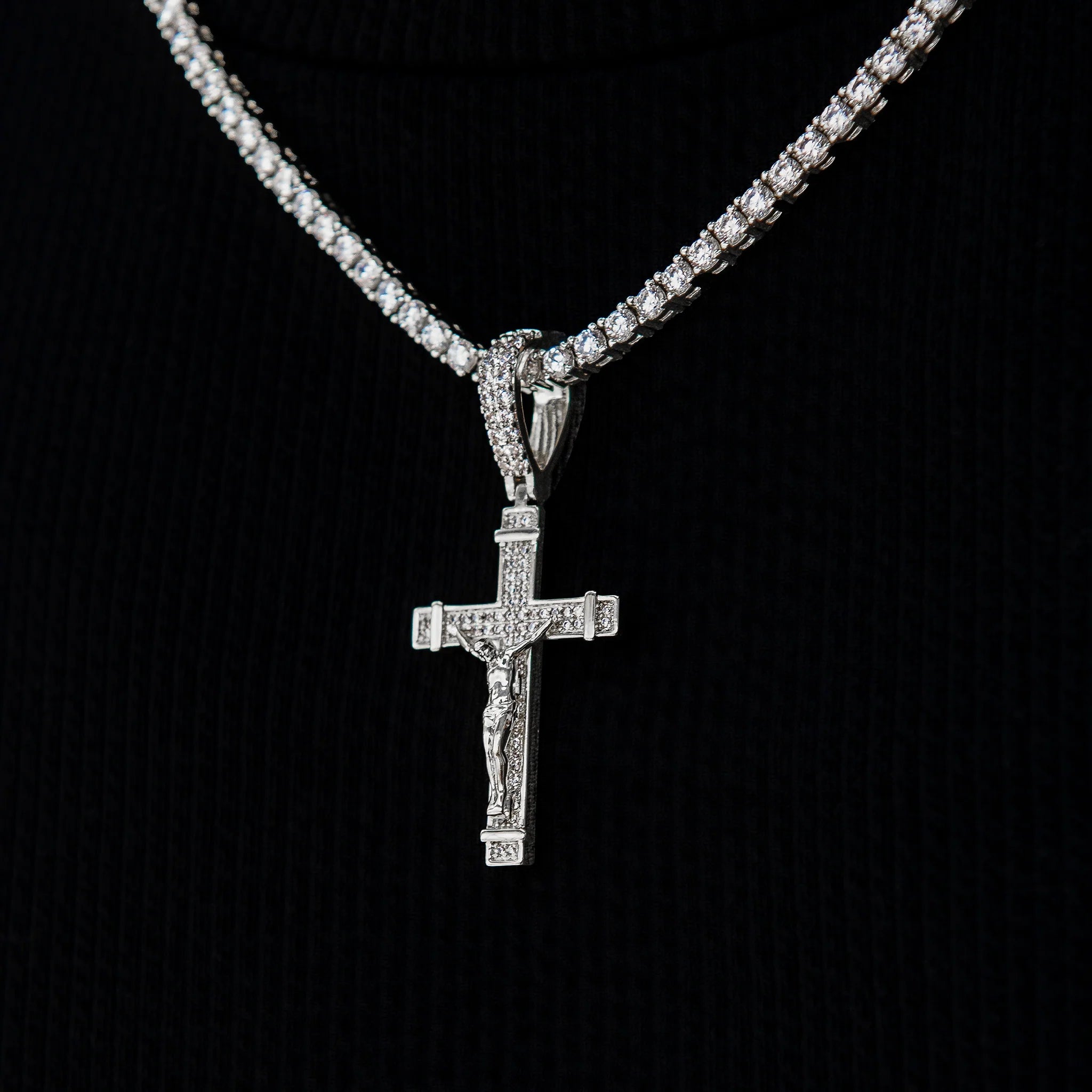 Iced Flat Crucifix Cross Pendant in White Gold