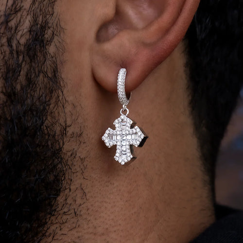 Baguette Gothic Cross Hoop Earrings