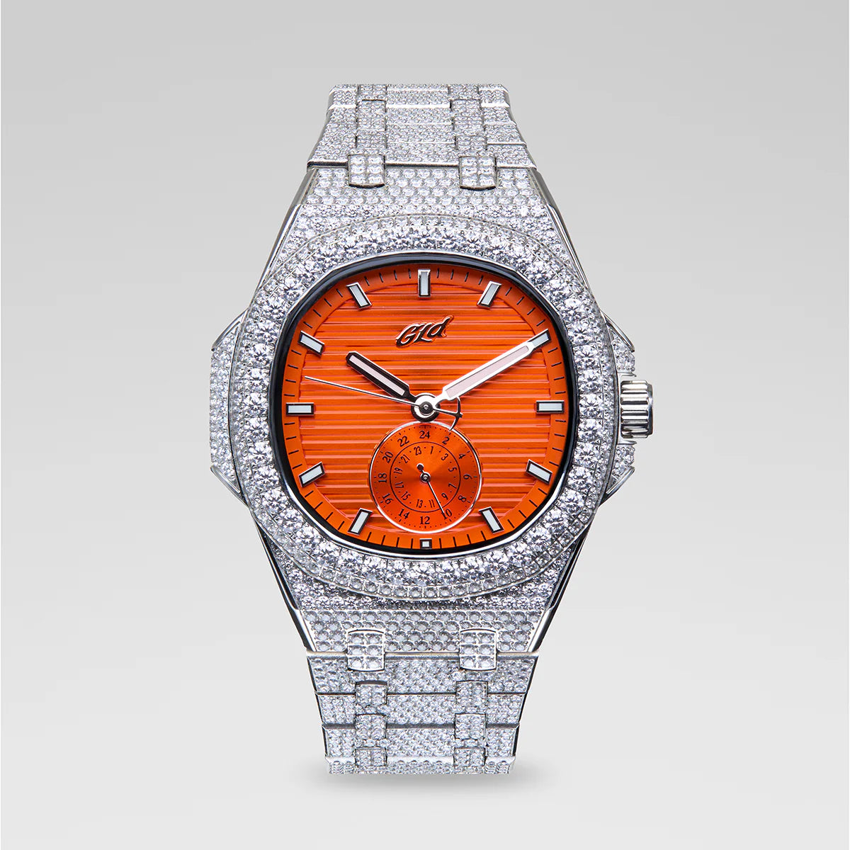 39MM Visionary Fully Iced Case & Orange Dial Watch - White Gold
