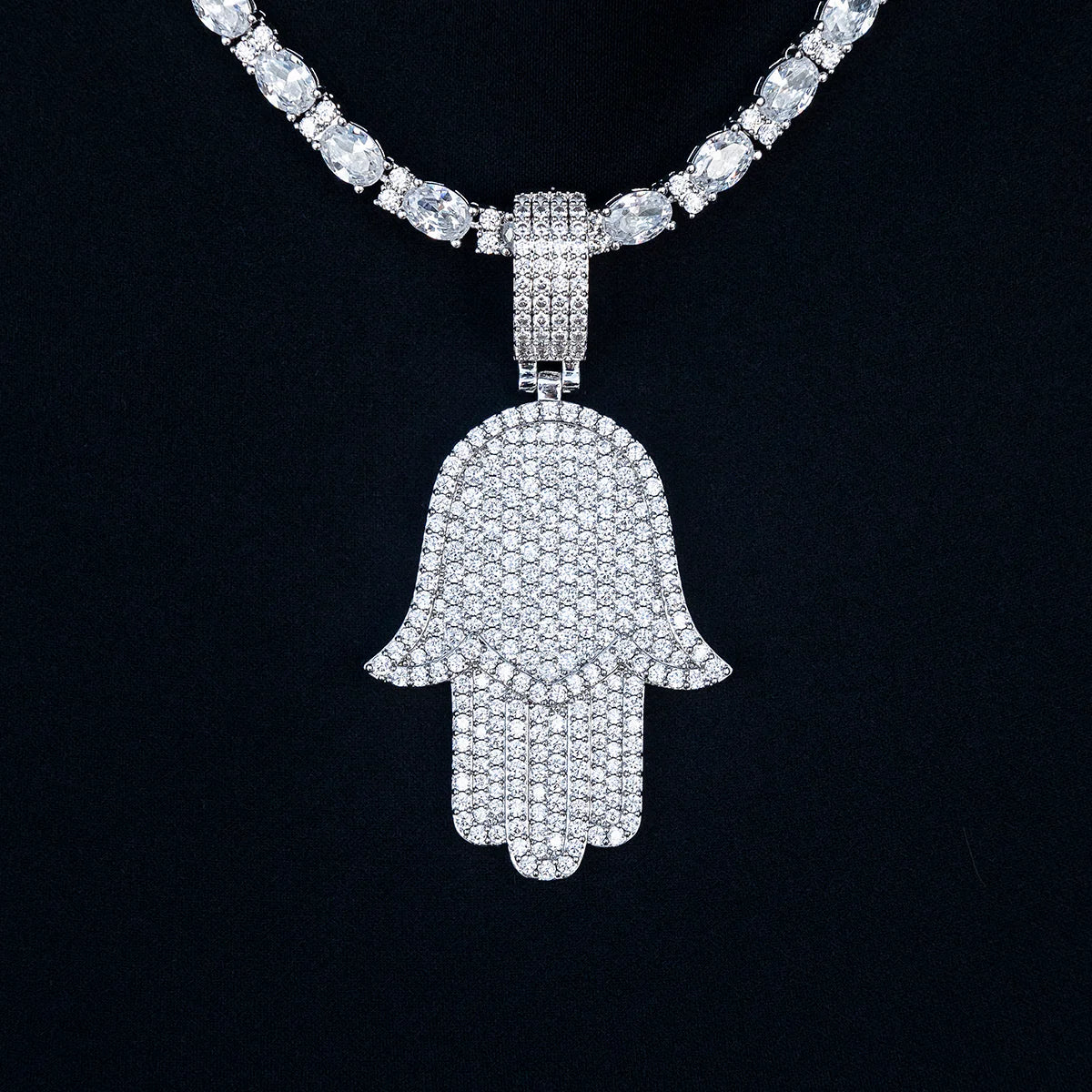 Large Iced Baguette Hamsa Pendant in White Gold