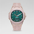 39MM Visionary Fully Iced Case & Green Dial Watch - Rose Gold
