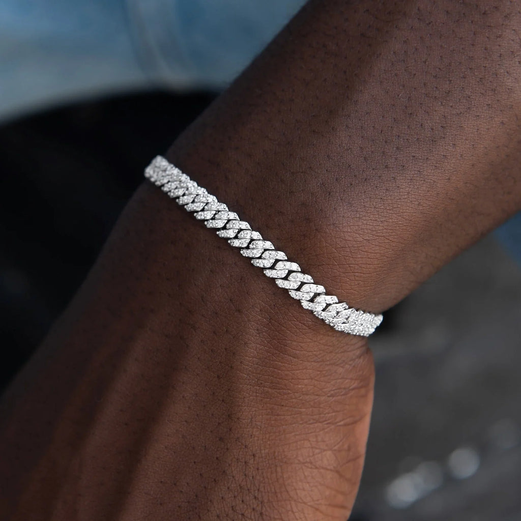 Micro Diamond Prong Moissanite Cuban Bracelet in Sterling Silver - 6MM