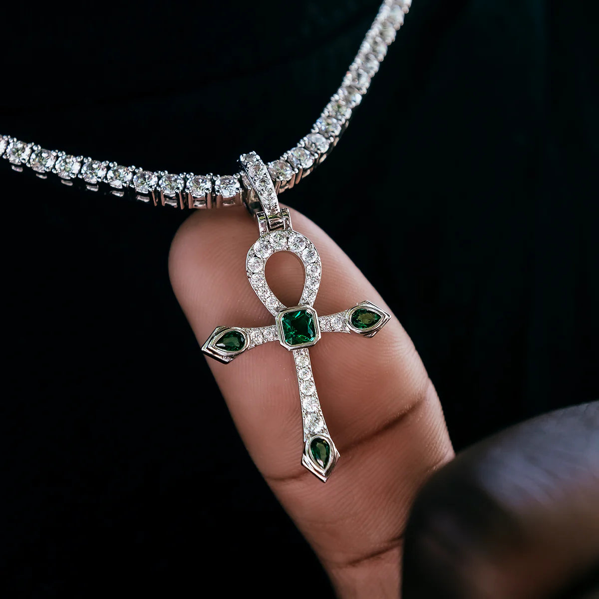 Emerald Stone Ankh Cross Pendant in White Gold