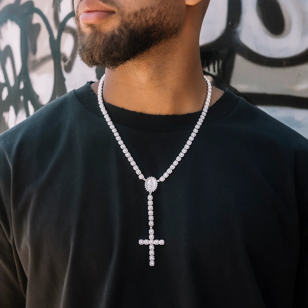 Men's Moissanite Micro Clustered Rosary Chain Necklace in White Gold Vermeil