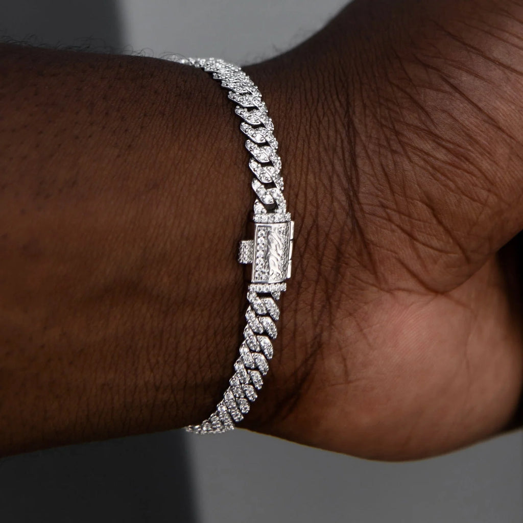 Men's 6MM Micro Diamond Prong Moissanite Cuban Bracelet in White Gold Vermeil