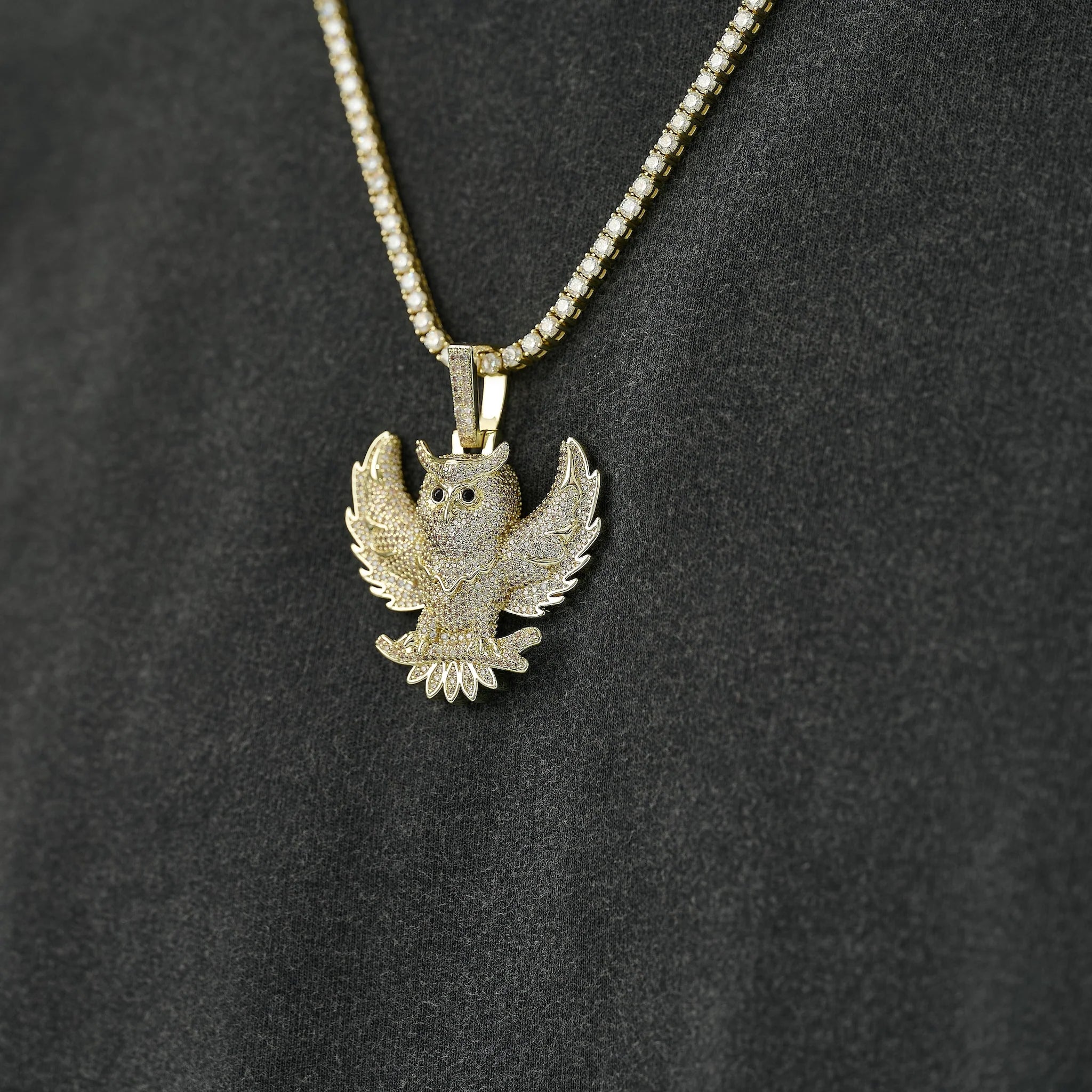 Iced Owl Pendant in Yellow Gold