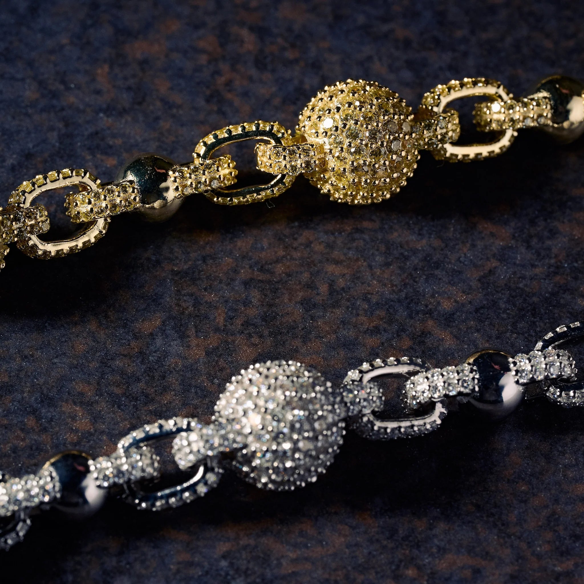 GLD X Bloody Osiris Dual Finish Moissanite Ball Chain Bracelet in White and Yellow Gold Vermeil