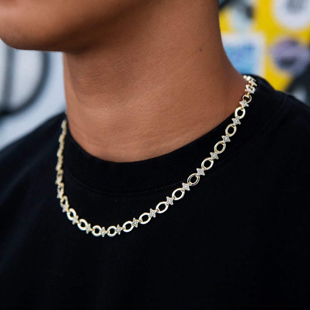 Iced Star Cable Link Chain - Yellow Gold