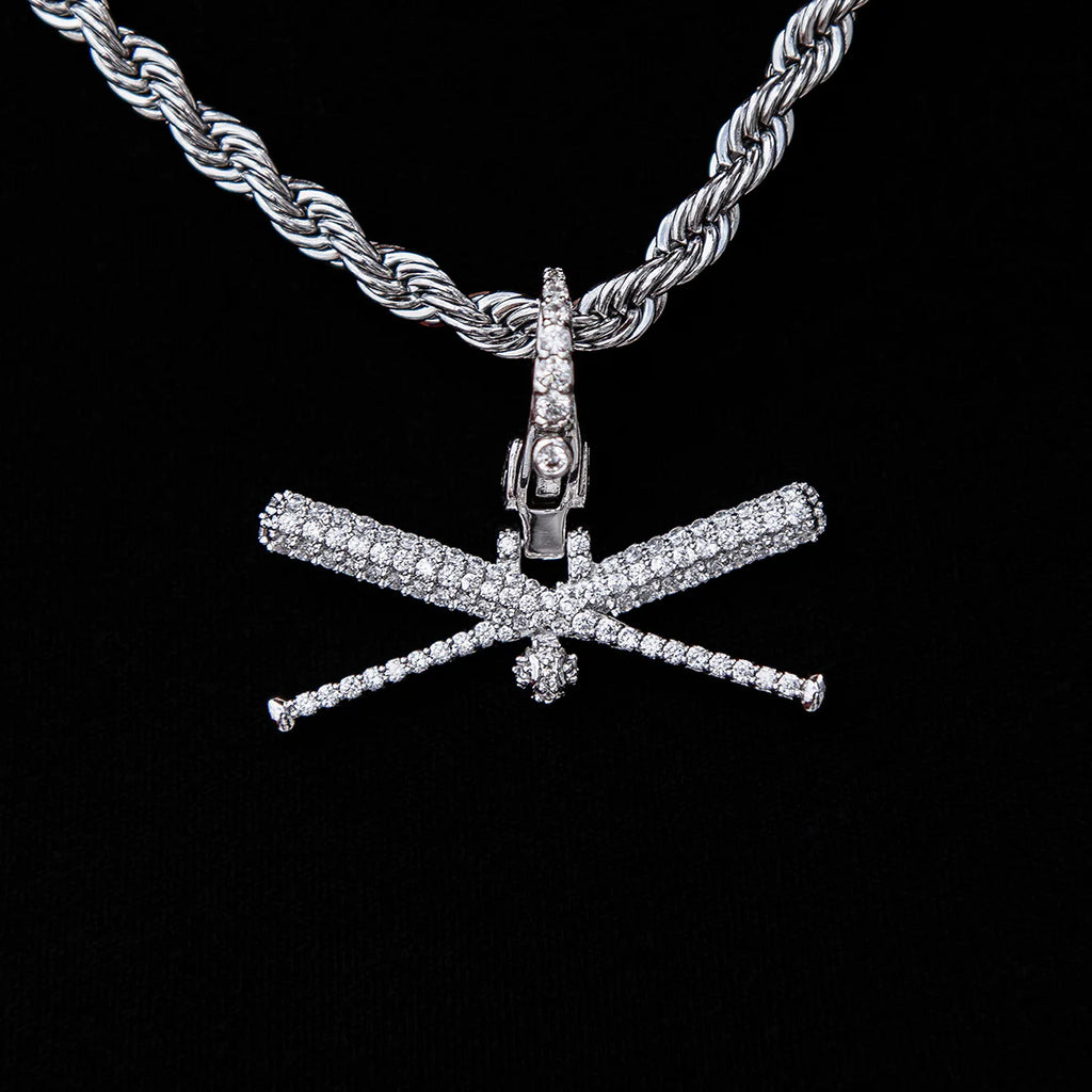 Iced Baseball Bat Clip On Pendant - White Gold