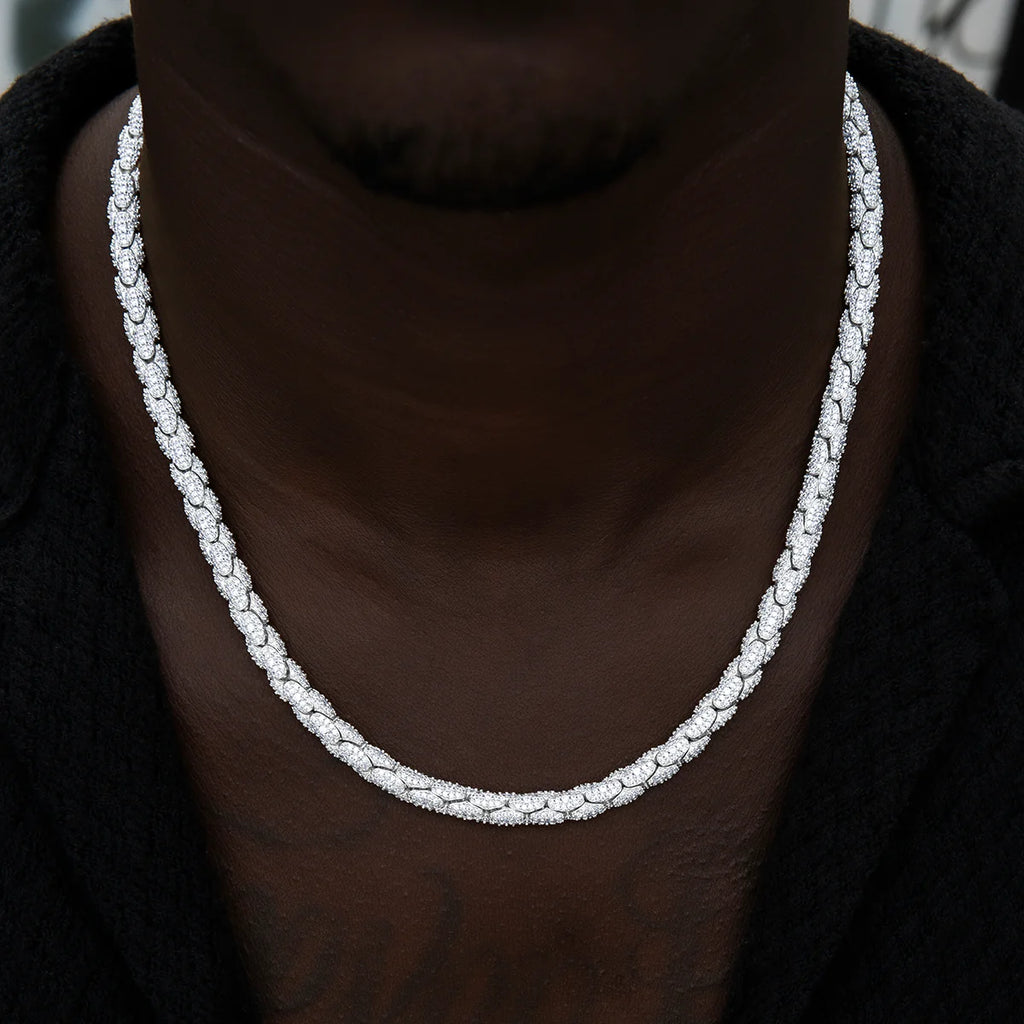 Diamond Pave Snake Link Chain in White Gold-6mm