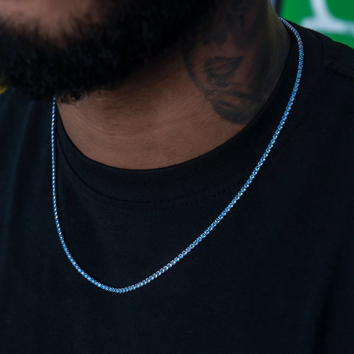 Blue Topaz Diamond Micro Tennis Chain in White Gold