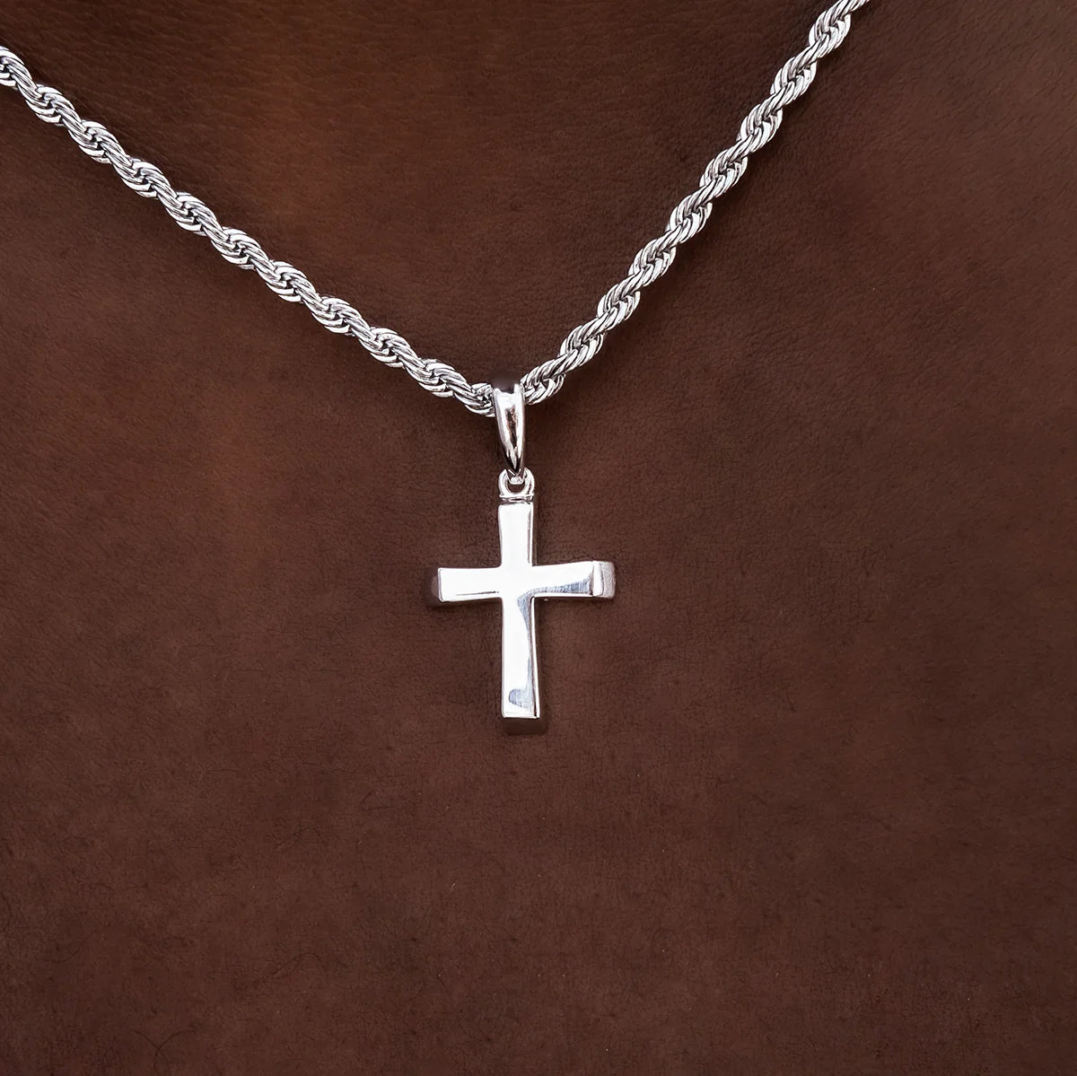 Micro Simple Cross Pendant + 2MM Rope Chain Bundle in White Gold