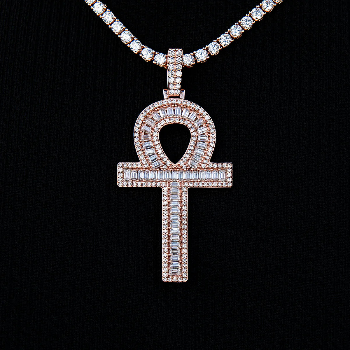 Men's Moissanite Ankh Cross Pendant in Rose Gold Vermeil