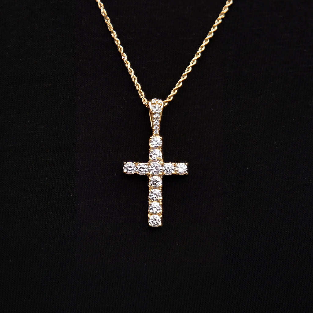 Micro Diamond Cross Pendant + 2MM Rope Chain Bundle in Yellow Gold
