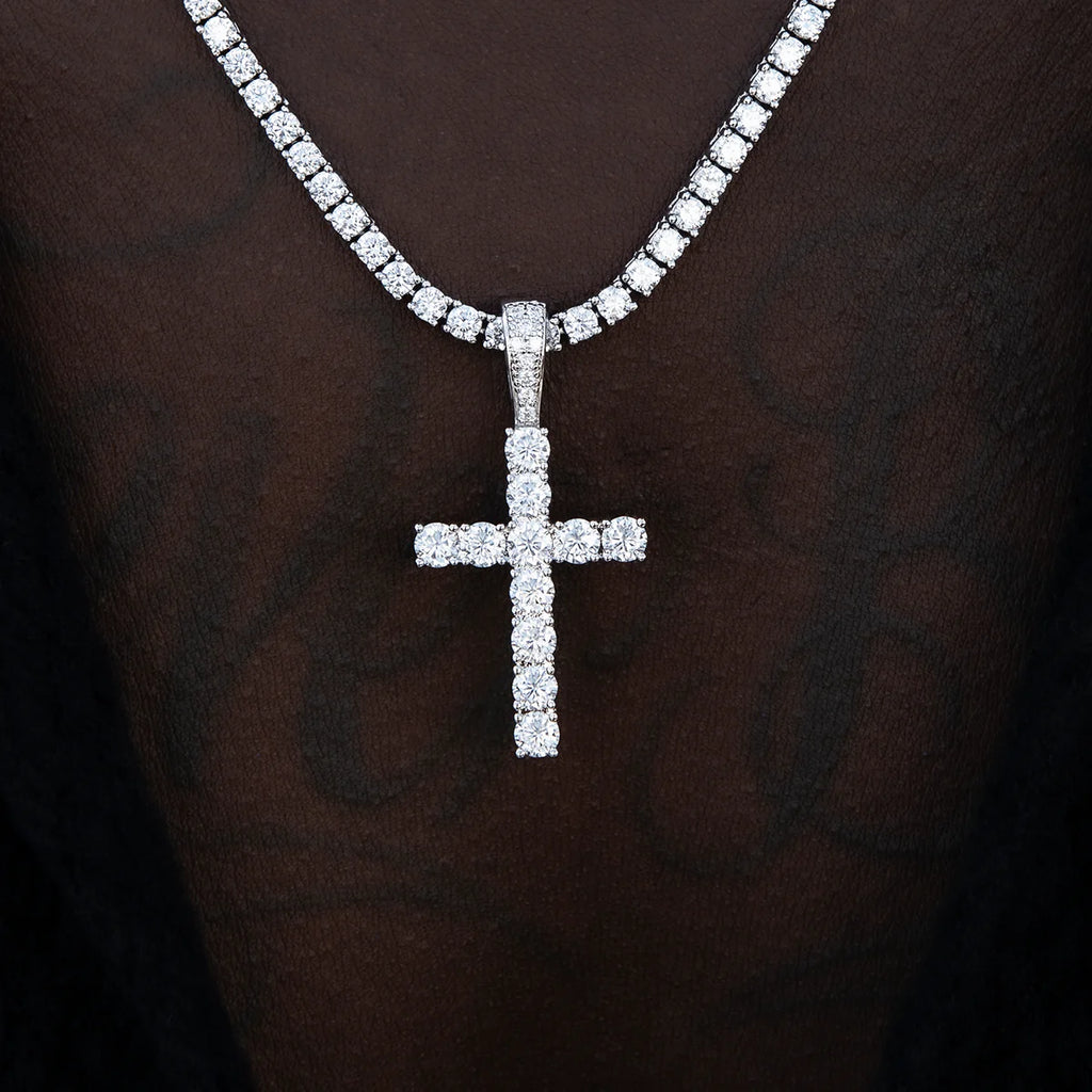 Men's Moissanite Diamond Cross Pendant in White Gold Vermeil