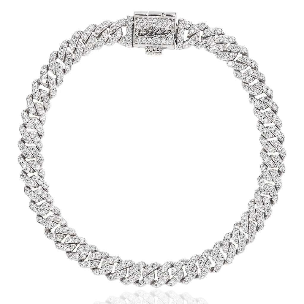 Micro Diamond Prong Cuban Bracelet in White Gold - 6mm