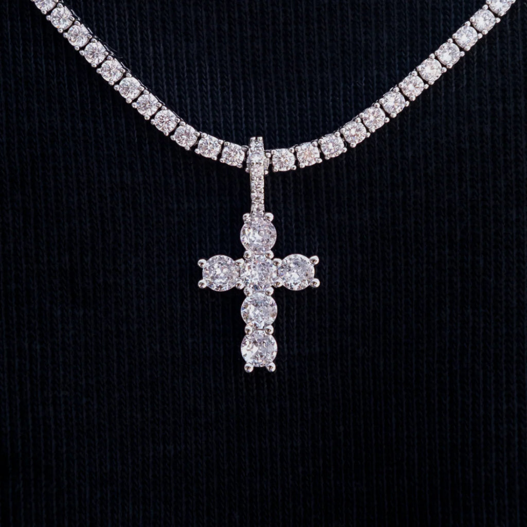 Iced Micro Round Cross Pendant in White Gold