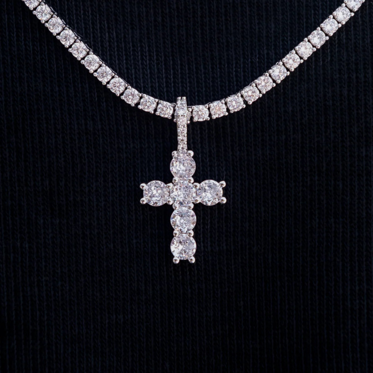 Iced Micro Round Cross Pendant in White Gold