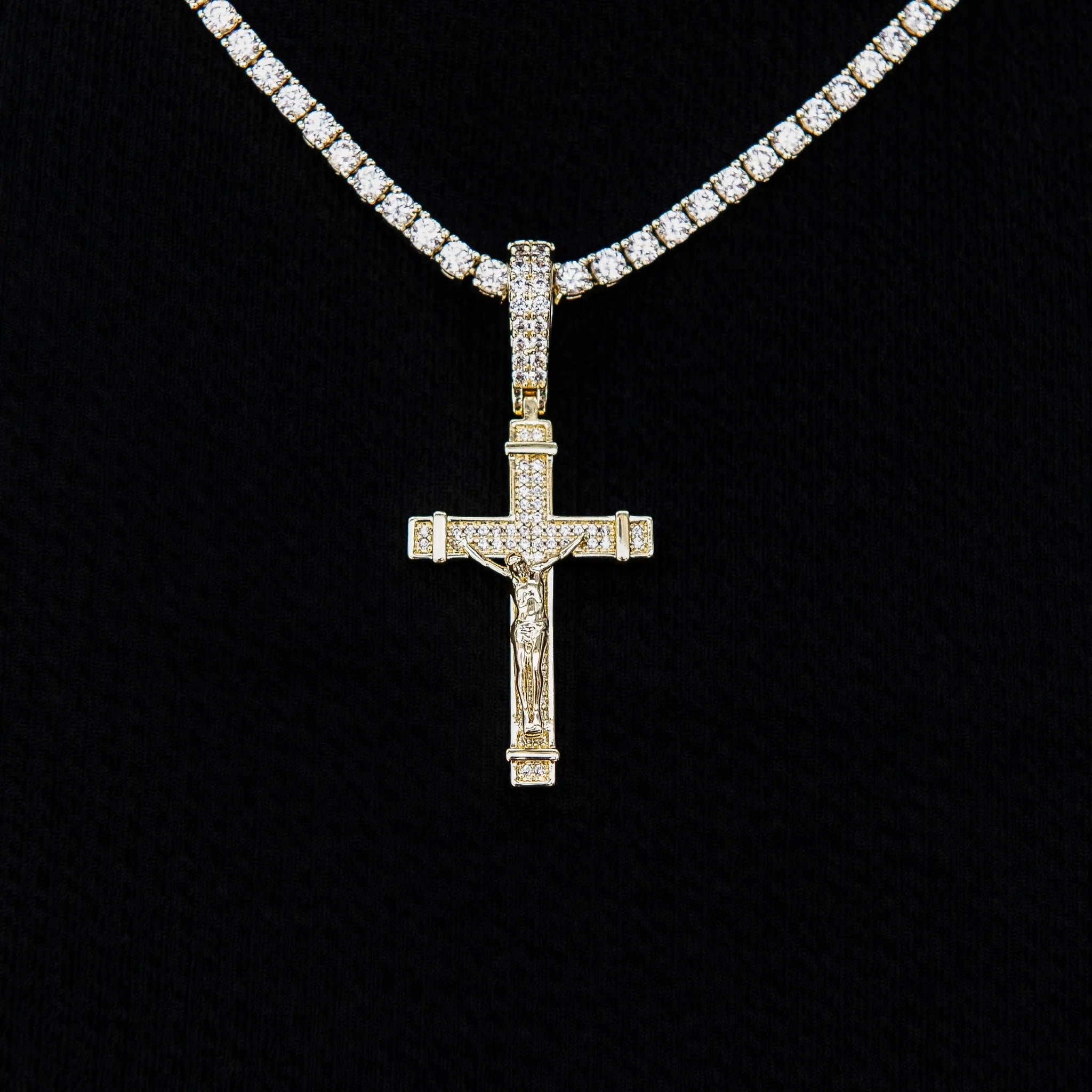 Iced Flat Crucifix Cross Pendant in Yellow Gold