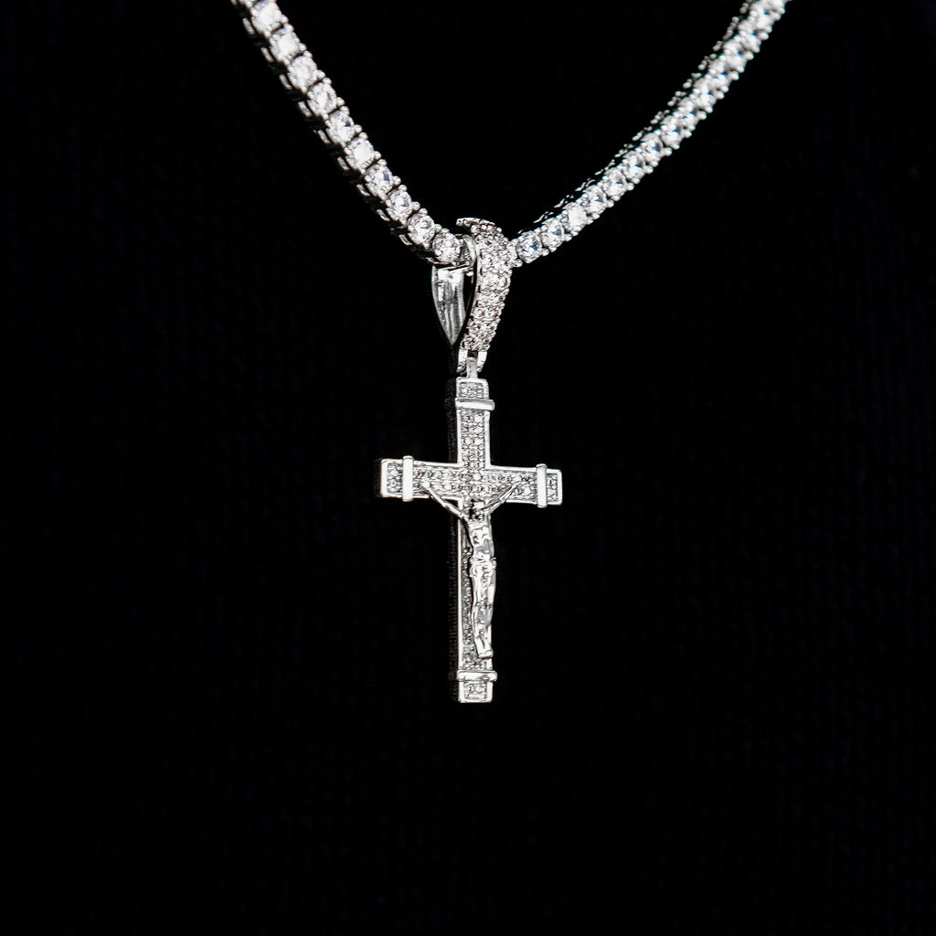 Iced Flat Crucifix Cross Pendant in White Gold