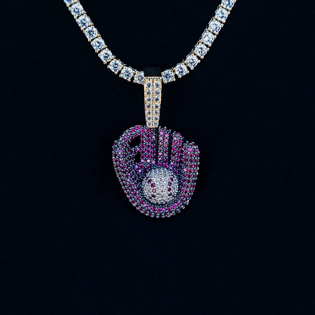 Iced Purple Baseball Pendant in Yellow Gold