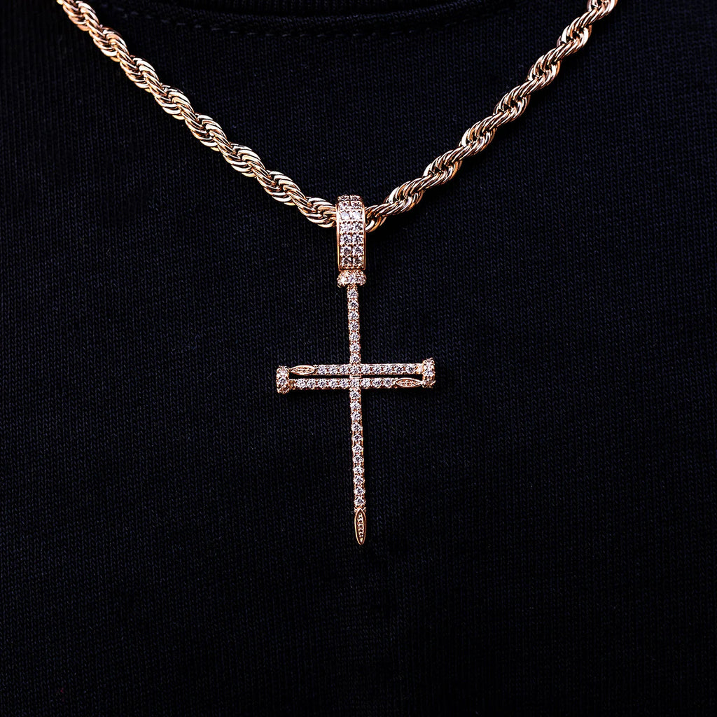 Iced Nail Cross Pendant in Rose Gold