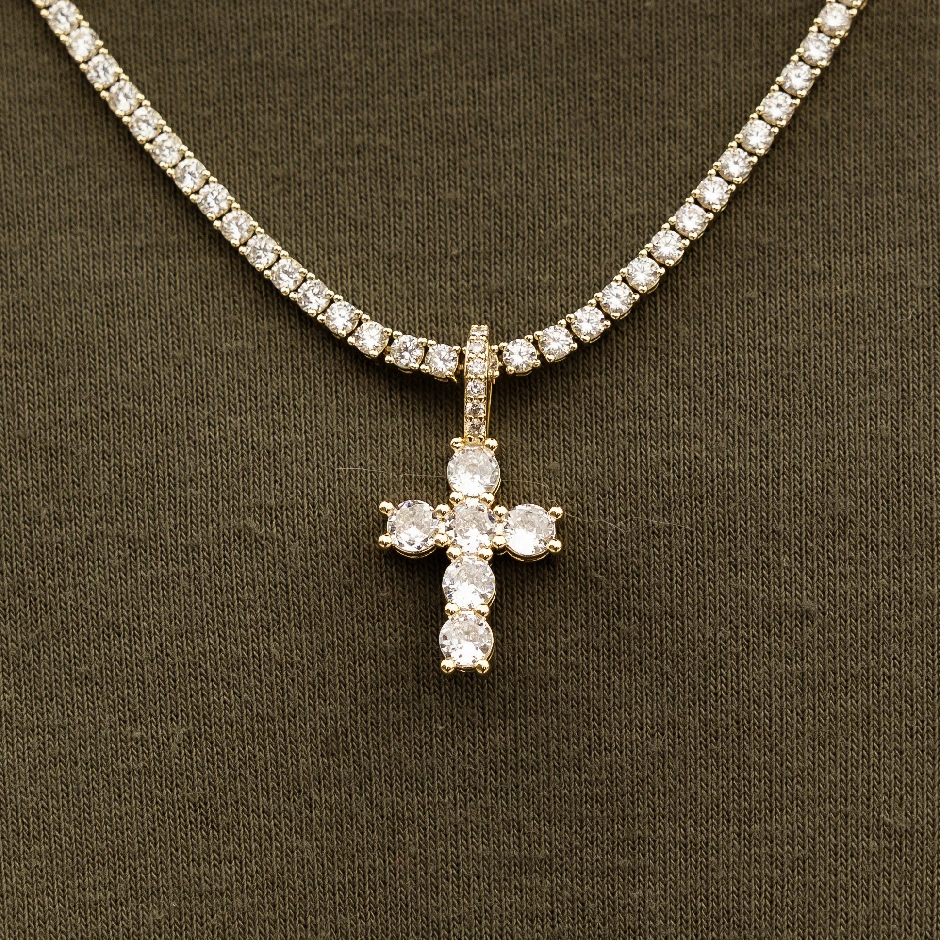 Iced Micro Round Cross in Yellow Gold