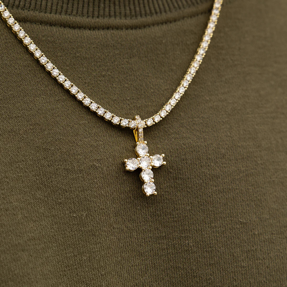 Iced Micro Round Cross in Yellow Gold