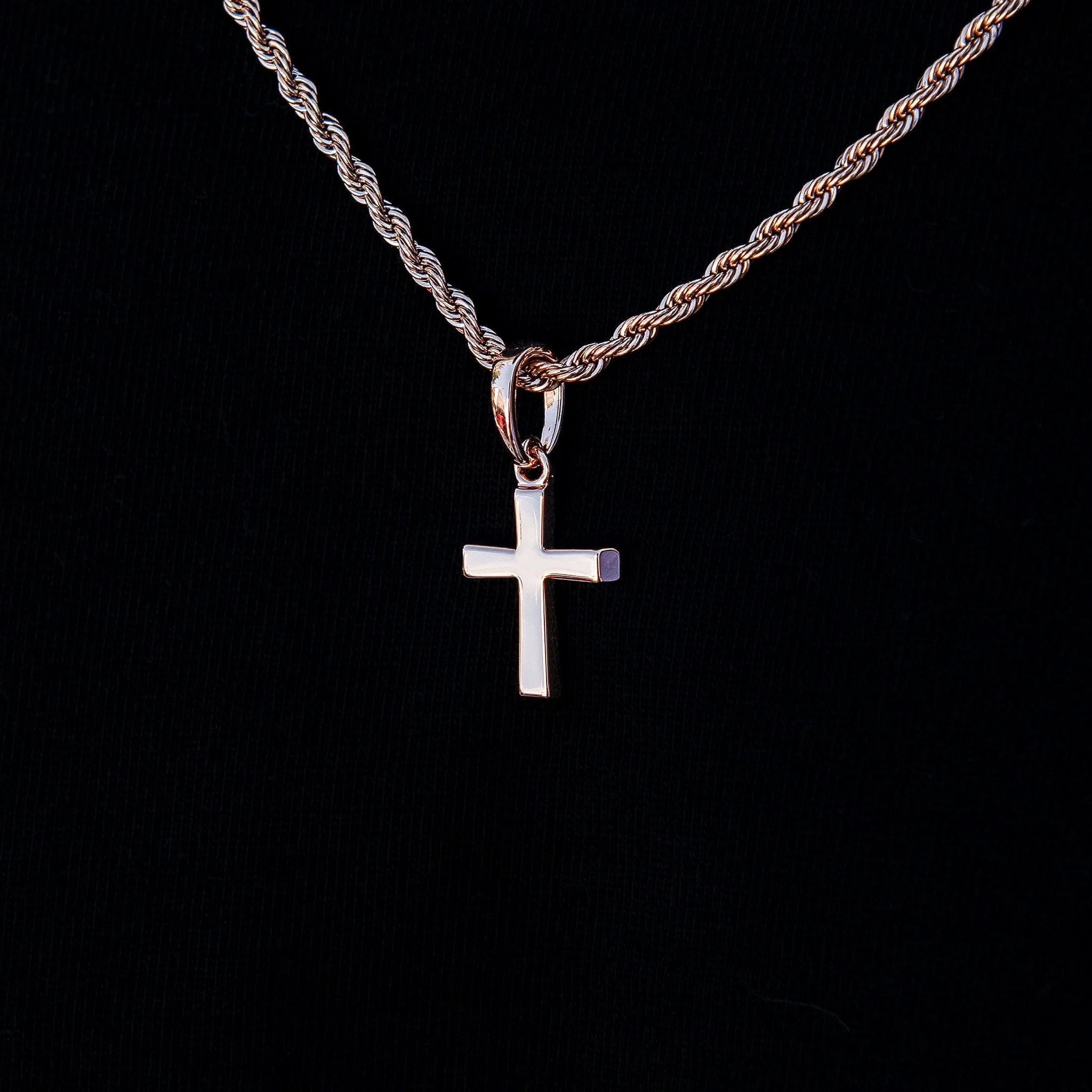 Micro Simple Cross Pendant + 2MM Rope Chain Bundle in Rose Gold