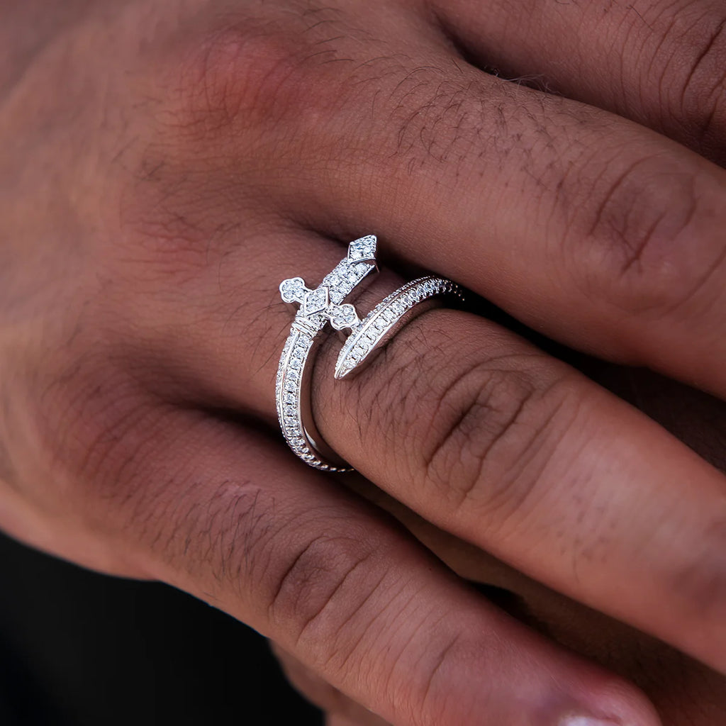 Diamond Sword Ring in White Gold Vermeil