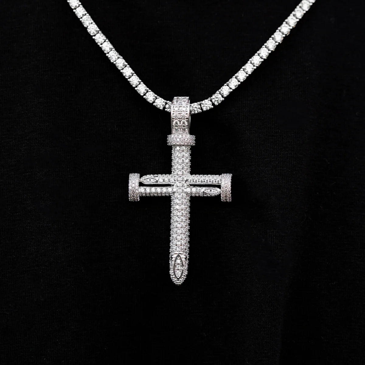 3mm Diamond Tennis Chain + 8.5mm Diamond Cuban Bracelet + Large Nail Cross Bundle- White Gold