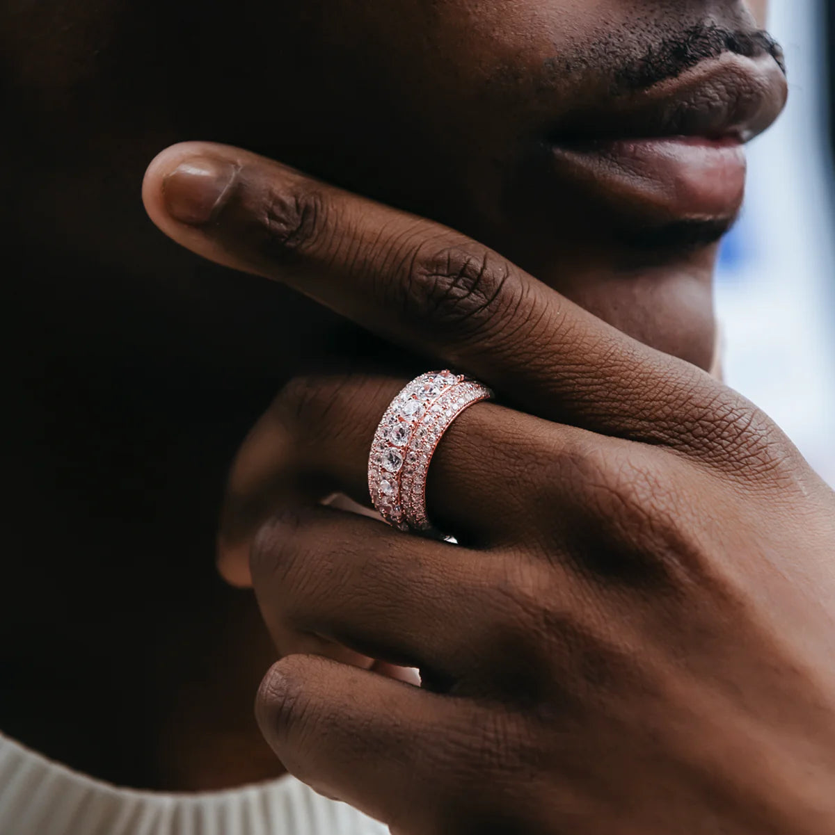 Men's Moissanite 5 Layer Diamond Band Ring in Rose Gold Vermeil