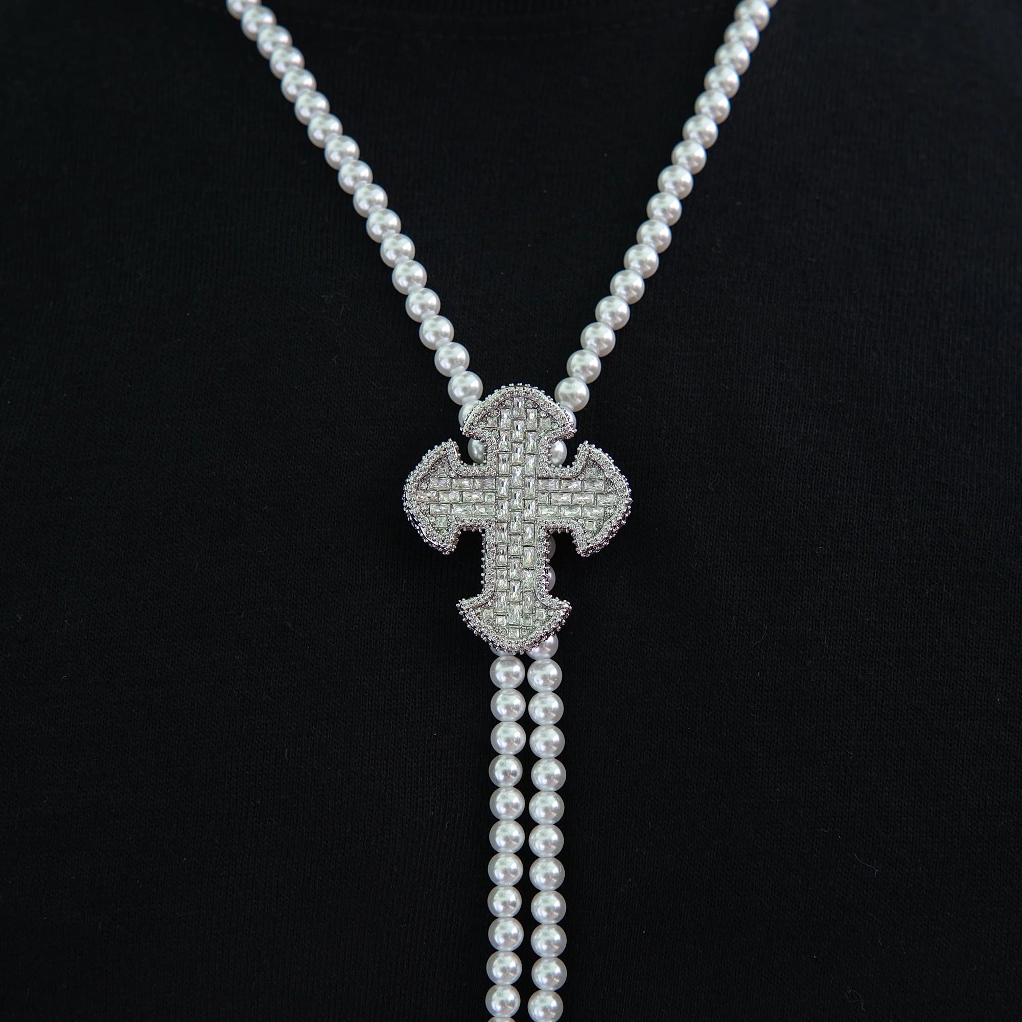 Iced Cross Pearl Bolo Chain in White Gold