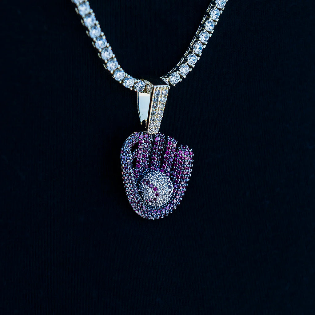 Iced Purple Baseball Pendant in Yellow Gold