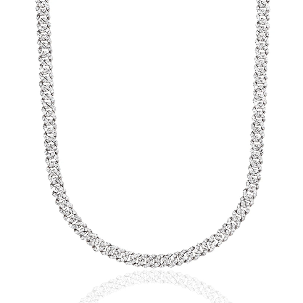 Micro Diamond Prong Cuban Chain in White Gold - 6mm