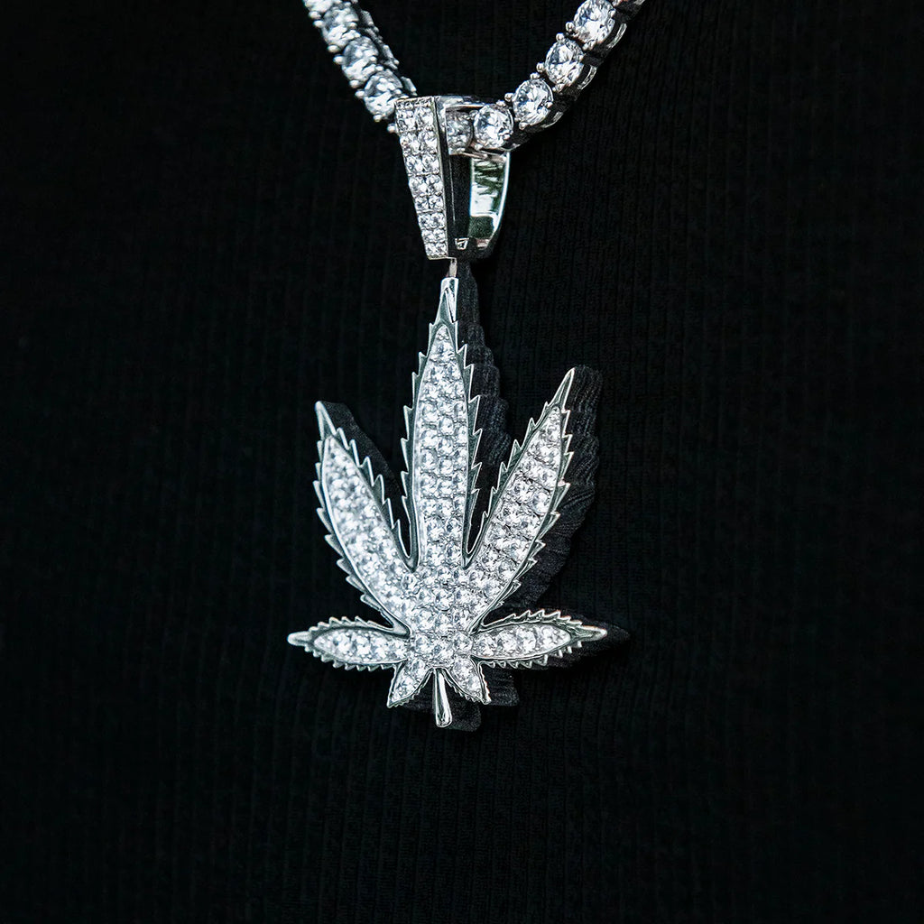 Large Diamond Weed Leaf Pendant - White Gold