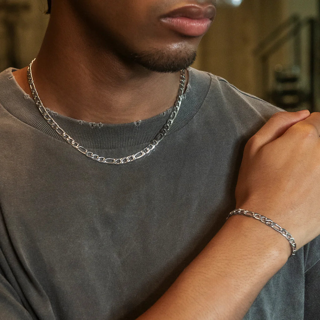 Figaro Chain + Bracelet Bundle in White Gold- 6mm