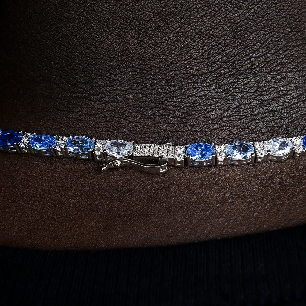 Blue Mixed Oval Cut Tennis Chain in White Gold - 5mm