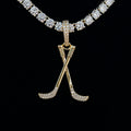 Iced Hockey Sticks Pendant in Yellow Gold
