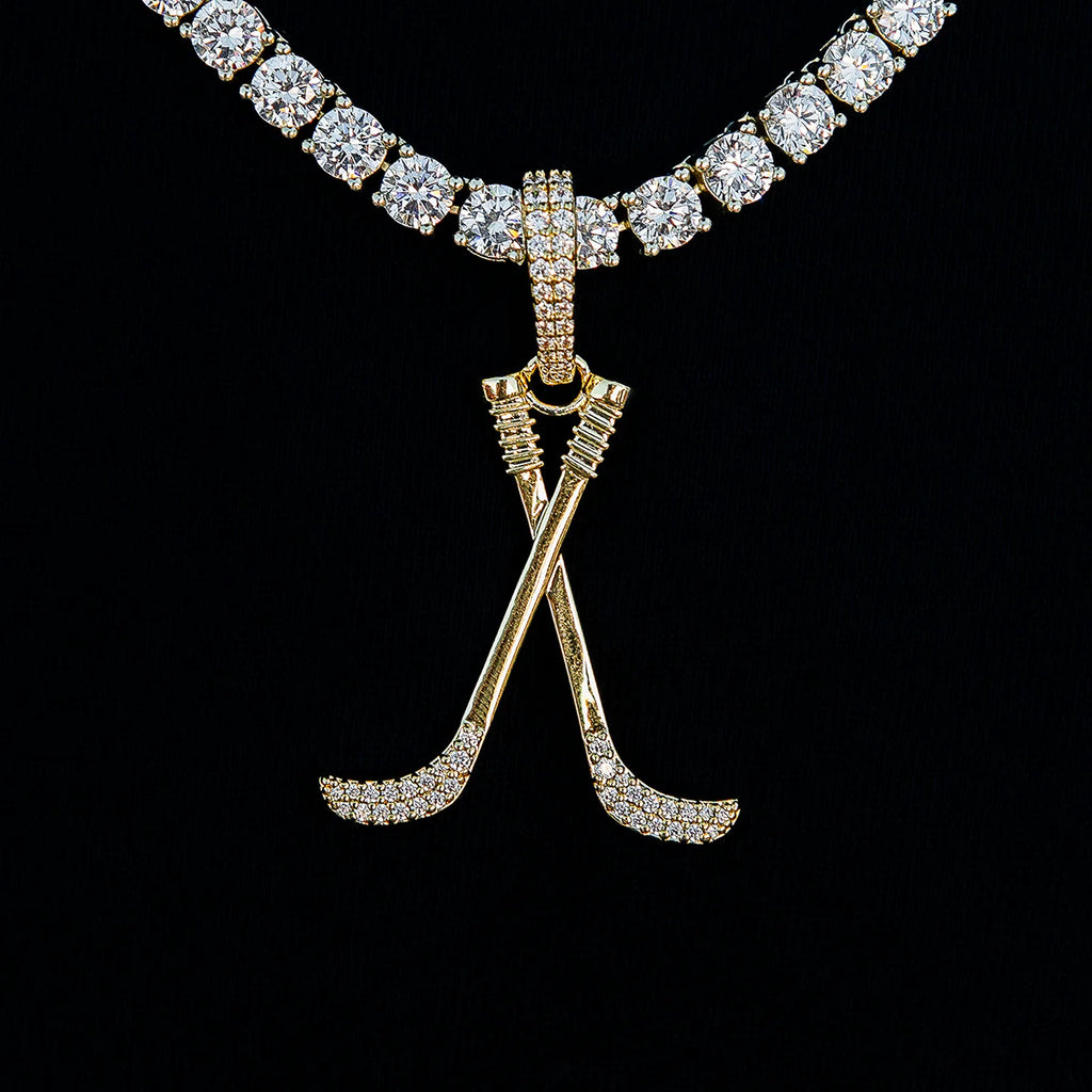 Iced Hockey Sticks Pendant in Yellow Gold