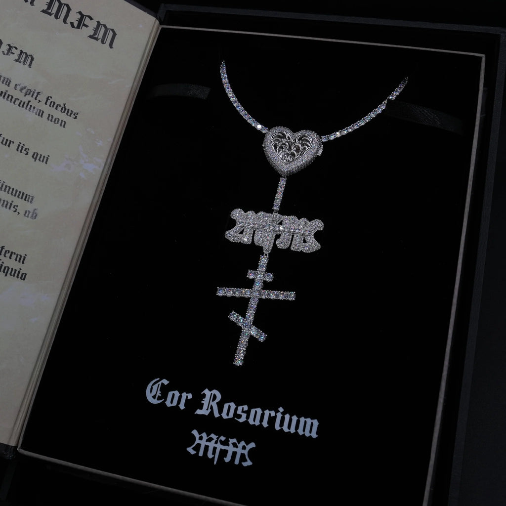 GLD X Bloody Osiris Iced Locket Rosary Chain in White Gold