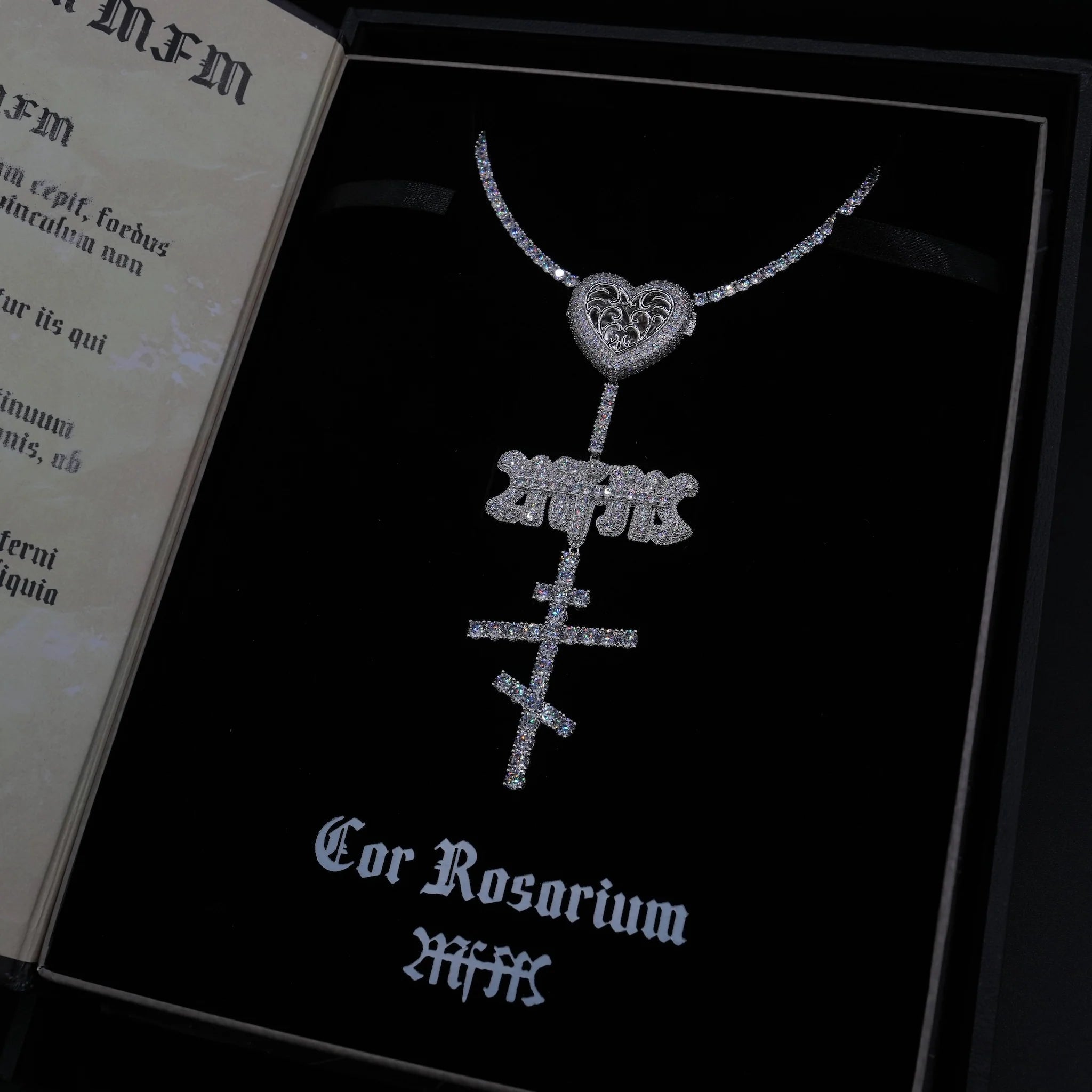 GLD X Bloody Osiris Iced Locket Rosary Chain in White Gold