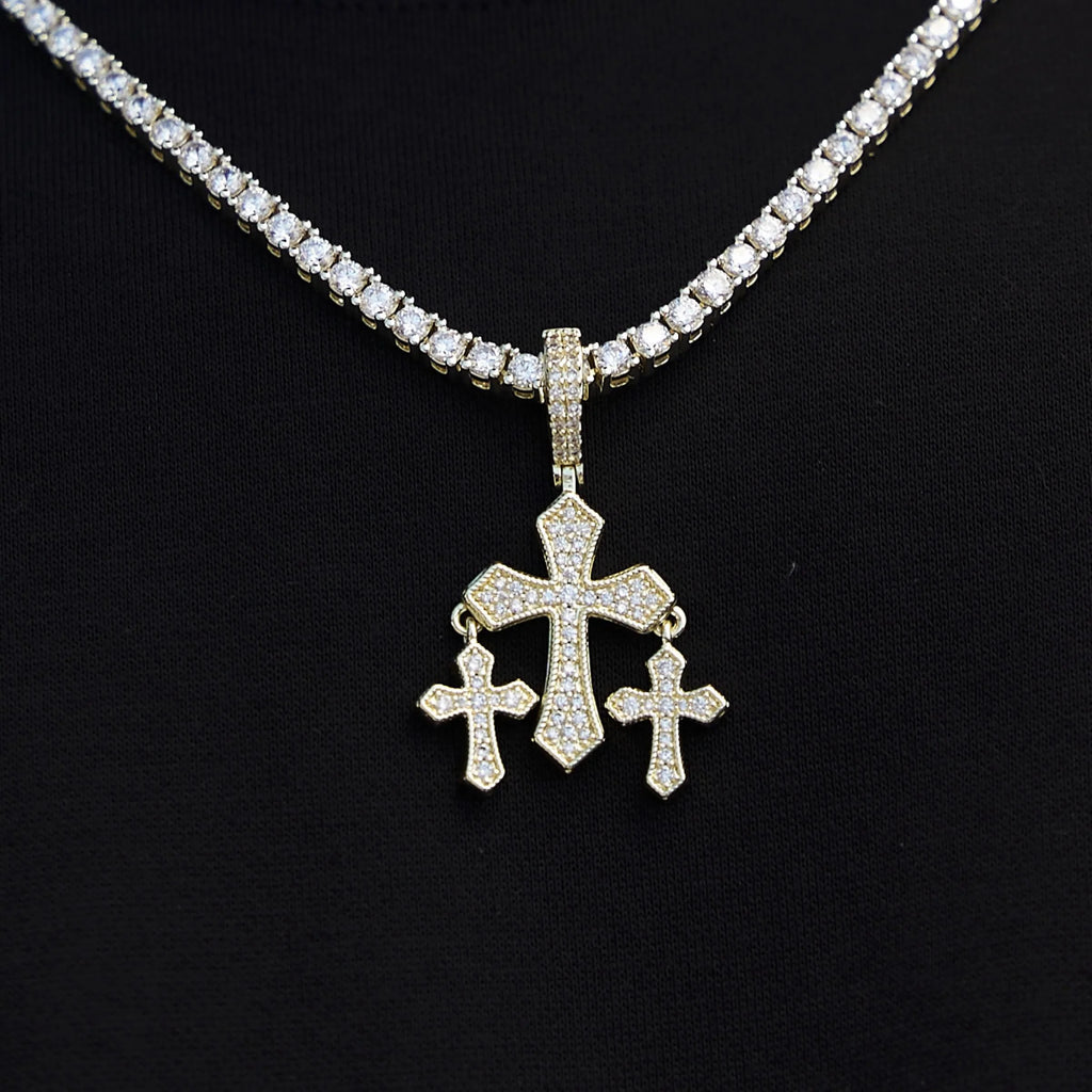 Micro Iced Triple Cross Pendant in Yellow Gold