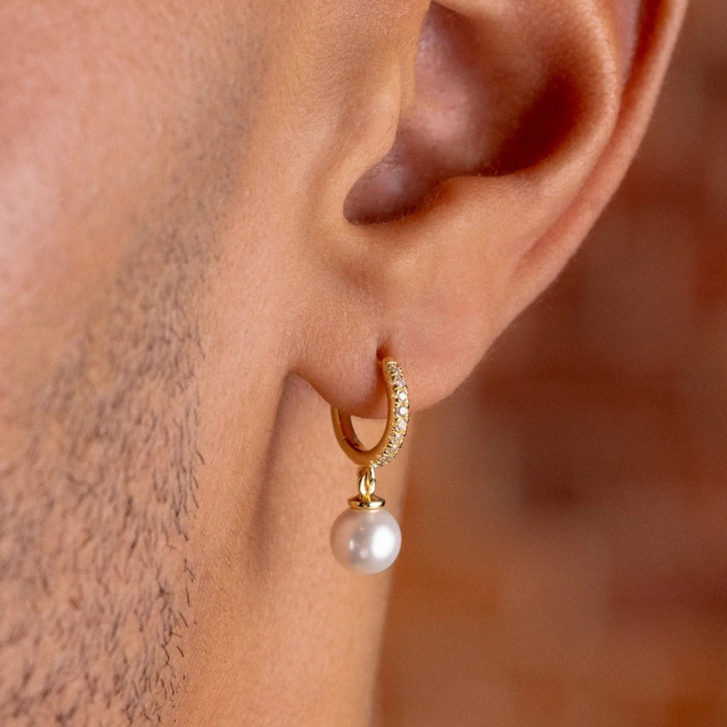 Pave Extra Small Huggie Hoop Pearl Drop Earrings in Yellow Gold