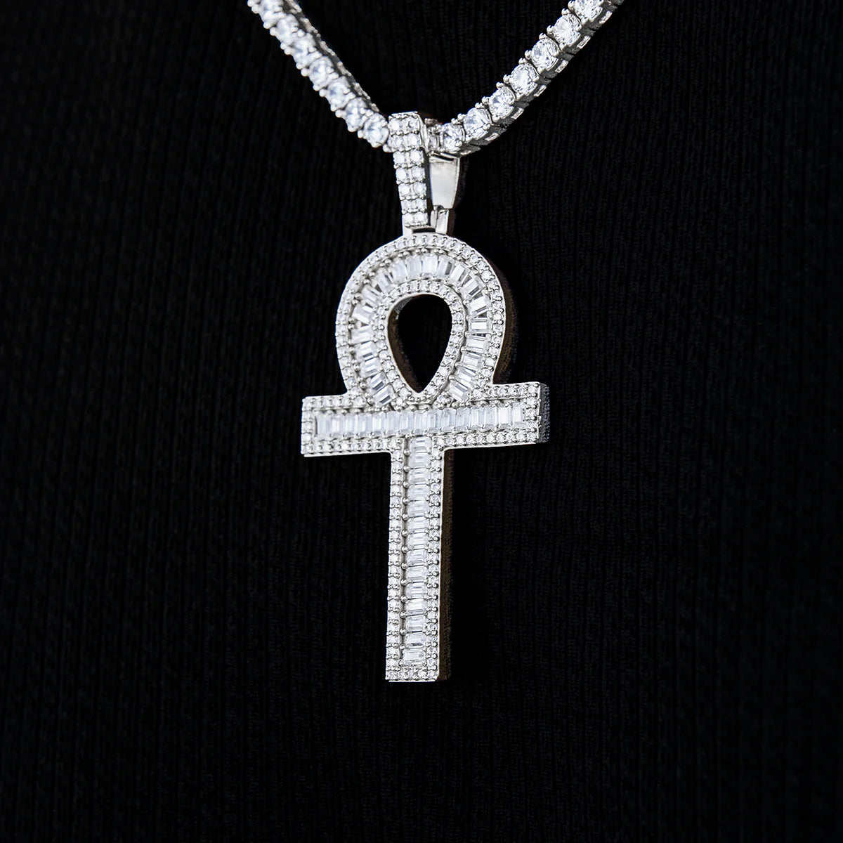 Moissanite Ankh Cross Pendant in Sterling Silver