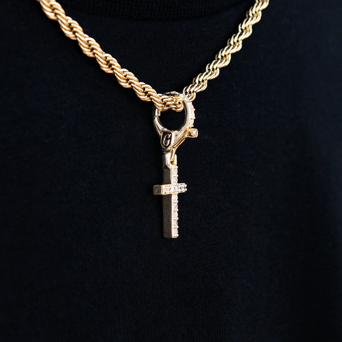 Iced Micro Cross Clip On Pendant in Yellow Gold
