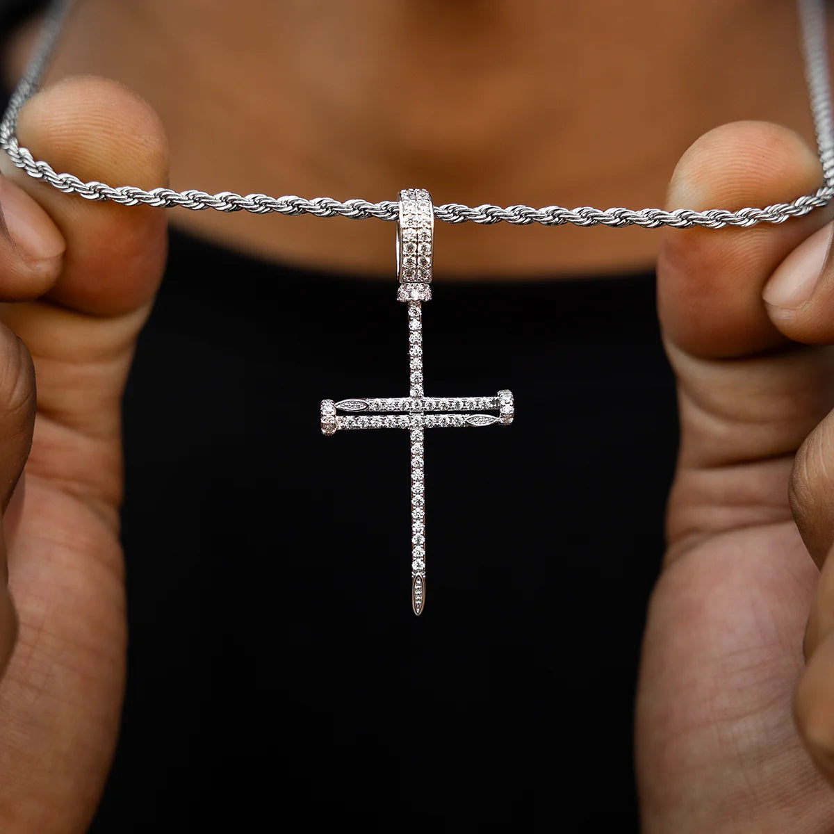 Iced Nail Cross Pendant in White Gold