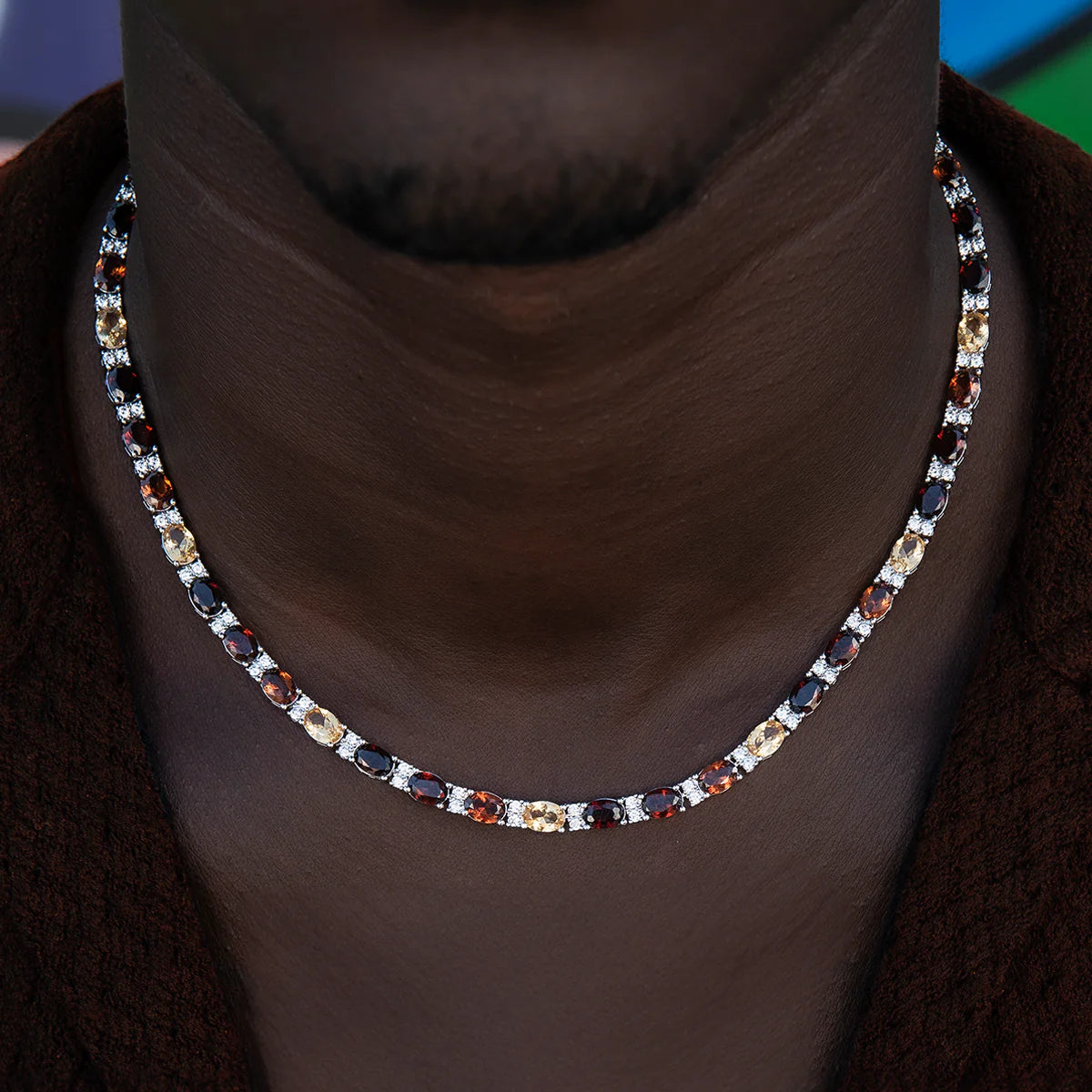 Multicolor Mixed Oval Cut Tennis Tonal Brown Stones Chain + Bracelet Bundle- 5mm