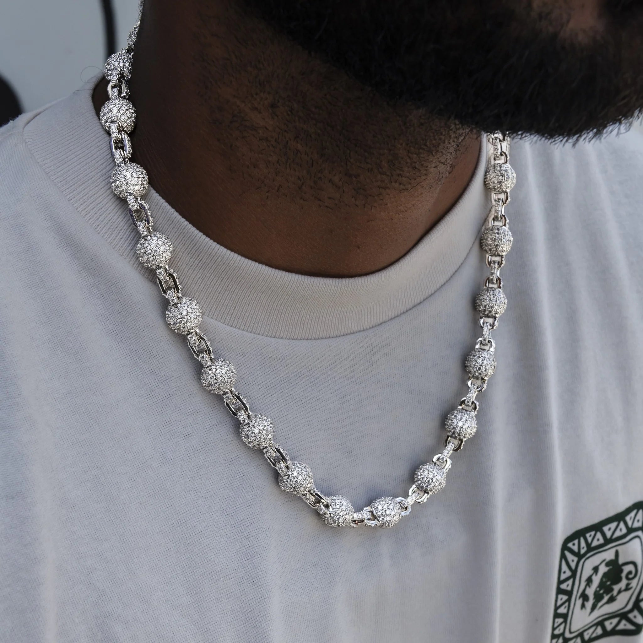 12MM Iced Ball Chain in White Gold